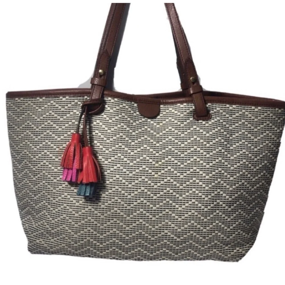 Fossil Brown and Cream Tassel Tote Bag.